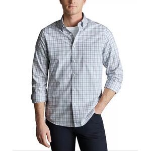 Charles Tyrwhitt Check Slim Fit Button Down Stretch Poplin 100% Cotton Shirt Gre